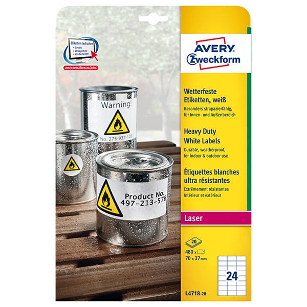 Avery Zweckform etykiety 70mm x 37mm, A4, matowe, białe, 24 etykiety, bardzo trwałe, pakowany po 20 szt., L4718-20, do drukarek la