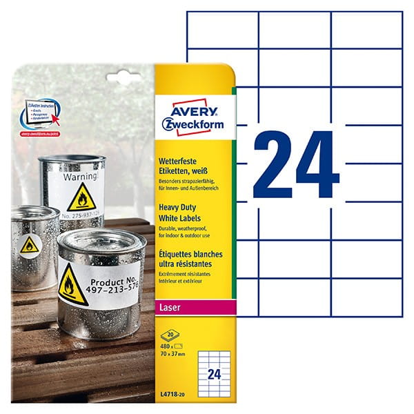 Avery Zweckform etykiety 70mm x 37mm, A4, matowe, białe, 24 etykiety, bardzo trwałe, pakowany po 20 szt., L4718-20, do drukarek la
