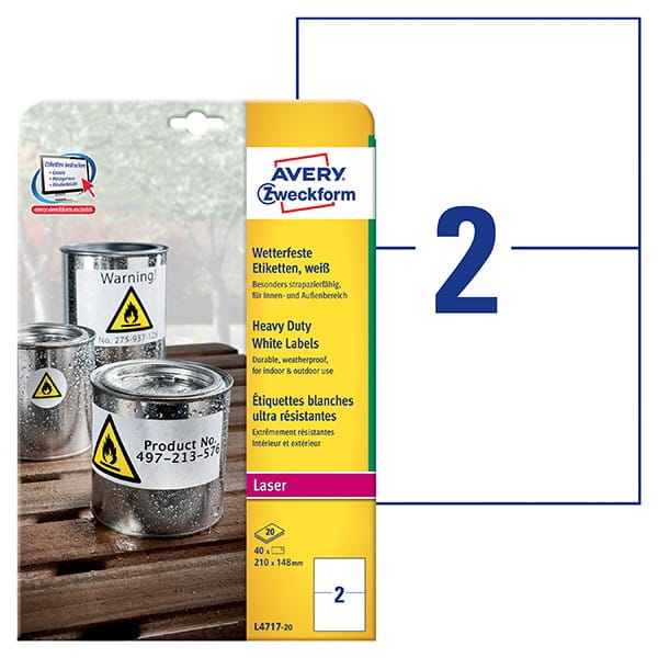 Avery Zweckform etykiety 210mm x 148mm, A4, matowe, białe, 2 etykiety, bardzo trwałe, pakowany po 20 szt., L4717-20, do drukarek l