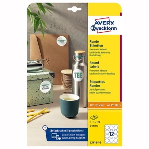 Avery Zweckform etykiety 60mm, A4, białe, 12 etykiety, pakowane po 10 szt., L3416-10, do drukarek laserowych i atramentowych