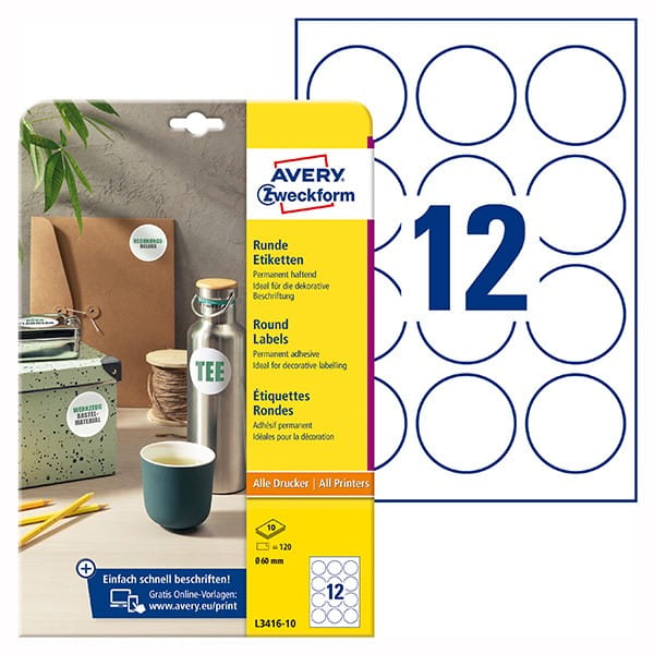 Avery Zweckform etykiety 60mm, A4, białe, 12 etykiety, pakowany po 10 szt., L3416-10, do drukarek laserowych i atramentowych