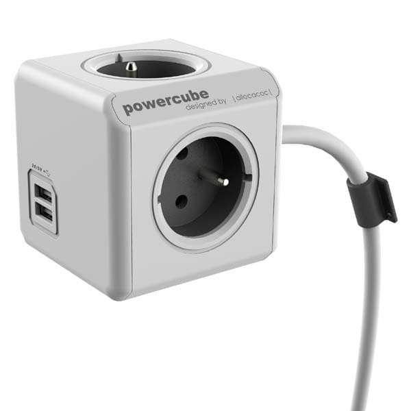 Kabel sieciowy 230V przedłużacz, CEE7 (widelec)-POWERCUBE, 1.5m, EXTENDED USB, szary, POWERCUBE, 2x USB port, 4 zásuvky, dětské po