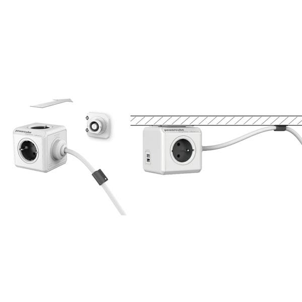 Kabel sieciowy 230V przedłużacz, CEE7 (widelec)-POWERCUBE, 1.5m, EXTENDED USB, szary, POWERCUBE, 2x USB port, 4 zásuvky, dětské po