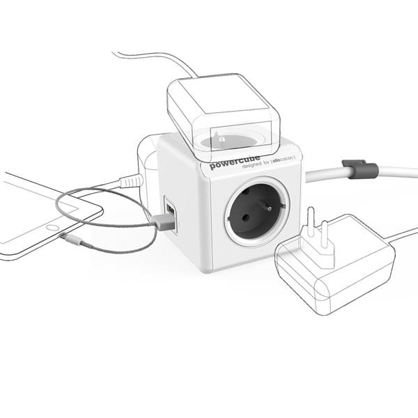 Kabel sieciowy 230V przedłużacz, CEE7 (widelec)-POWERCUBE, 1.5m, EXTENDED USB, szary, POWERCUBE, 2x USB port, 4 zásuvky, dětské po