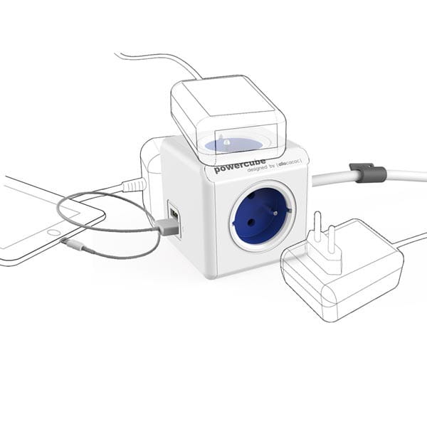 Kabel sieciowy 230V przedłużacz, CEE7 (widelec)-POWERCUBE, 1.5m, EXTENDED USB, niebieski, POWERCUBE, 4 zásuvky, 2xUSB port, dětská