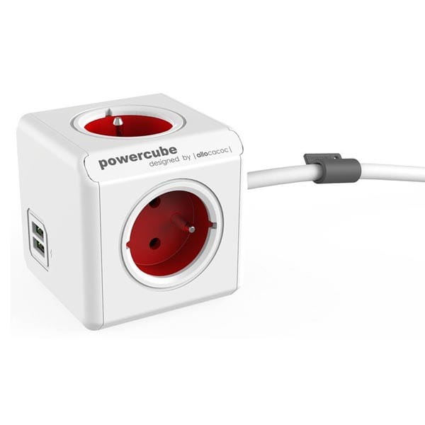 Kabel sieciowy 230V przedłużacz, CEE7 (widelec)-POWERCUBE, 1.5m, EXTENDED USB, czerwony, POWERCUBE, 4 zásuvky, 2xUSB port,dětská p