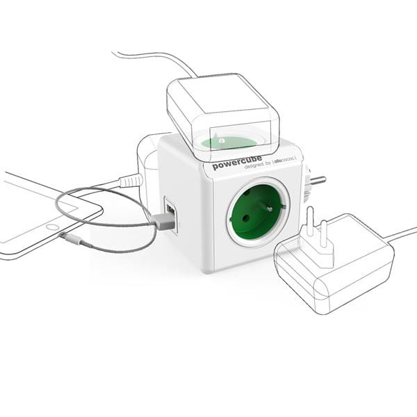 Listwa zasilająca 240V, CEE7 (widelec)-POWERCUBE, 0.1m, ORIGINAL USB, zielona, POWERCUBE, 4 zásuvky, 2xUSB porty