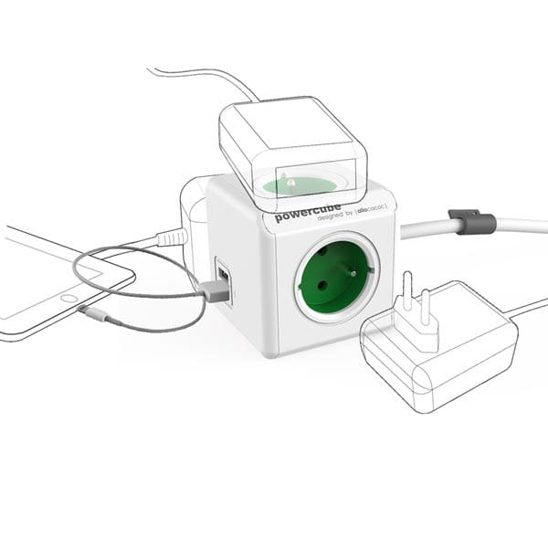 Kabel sieciowy 230V przedłużacz, CEE7 (widelec)-POWERCUBE, 1.5m, EXTENDED USB, zielony, POWERCUBE, 4 zásuvky, 2xUSB port,dětská po