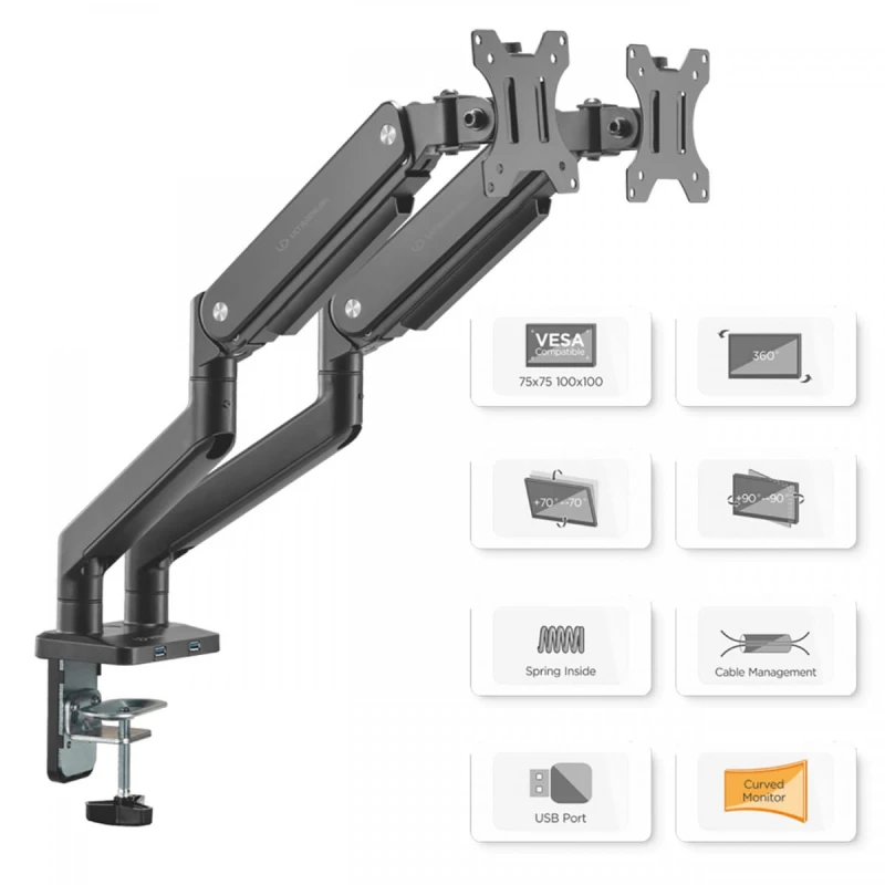 Regulowany uchwyt ULTRADESK na 2 monitory, mocowanie na zacisk, 17"-32", 75x75/100x100, czarny