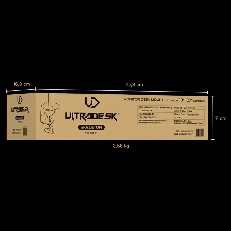 Regulowany uchwyt ULTRADESK na monitor, 2-9KG, mocowanie na zacisk, 17"-30", 75x75/100x100, czarny