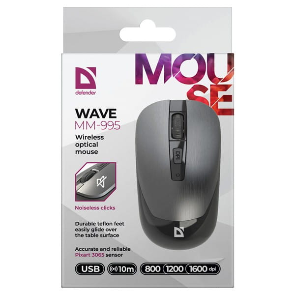 Defender Mysz WAVE MM-995, 1600DPI, 2.4 [GHz], optyczna, 3kl., bezprzewodowa, srebrna, 1 szt AA, nano odbiornik, cicha