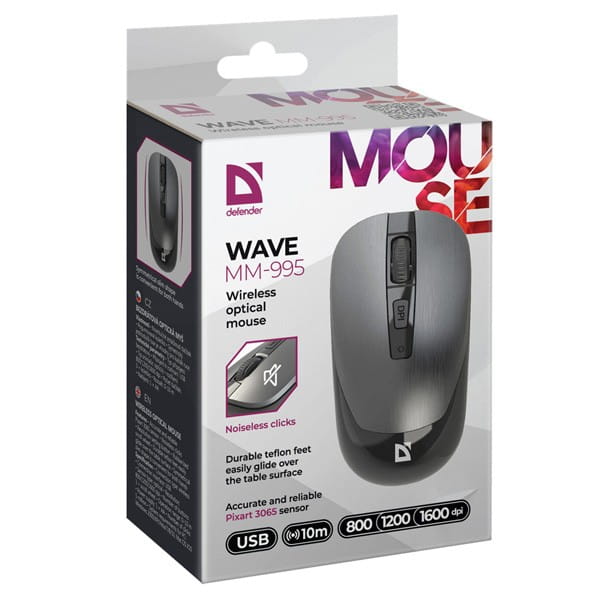 Defender Mysz WAVE MM-995, 1600DPI, 2.4 [GHz], optyczna, 3kl., bezprzewodowa, srebrna, 1 szt AA, nano odbiornik, cicha