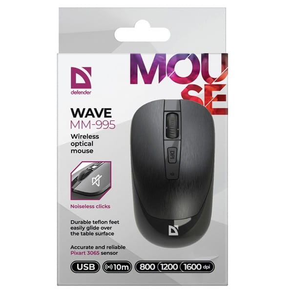 Defender Mysz WAVE MM-995, 1600DPI, 2.4 [GHz], optyczna, 3kl., bezprzewodowa, czarna, 1 szt AA, nano odbiornik, cicha