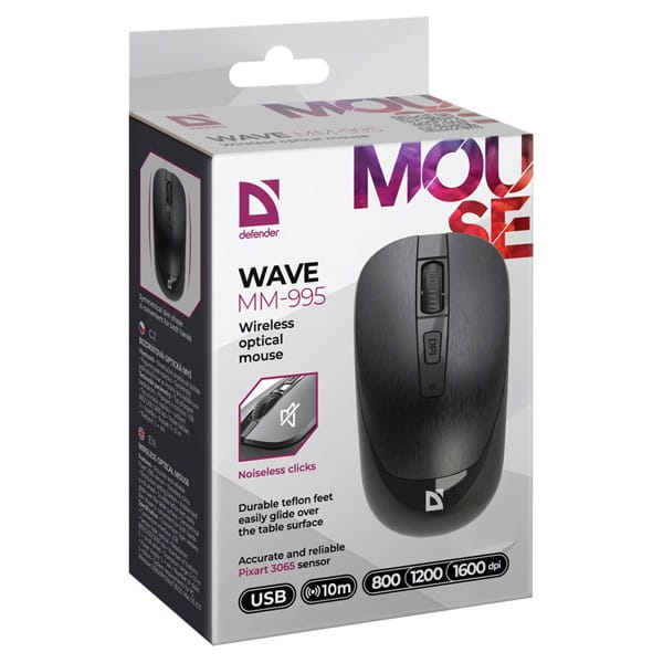 Defender Mysz WAVE MM-995, 1600DPI, 2.4 [GHz], optyczna, 3kl., bezprzewodowa, czarna, 1 szt AA, nano odbiornik, cicha