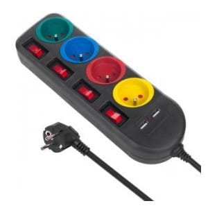 Listwa zasilająca Maclean, przedłużacz 4 gniazda + 2xUSB, z włącznikami, 250VAC/10A, 2.1A 5V, 1.5m, czarna, MCE229 B