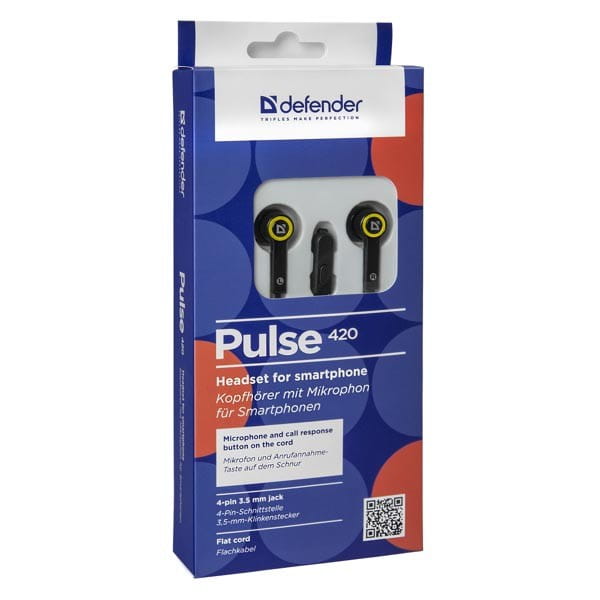 Defender Pulse 420, słuchawki z mikrofonem, bez regulacji głośności na przewodzie, czarno-zółte, douszne, 3.5 mm jack