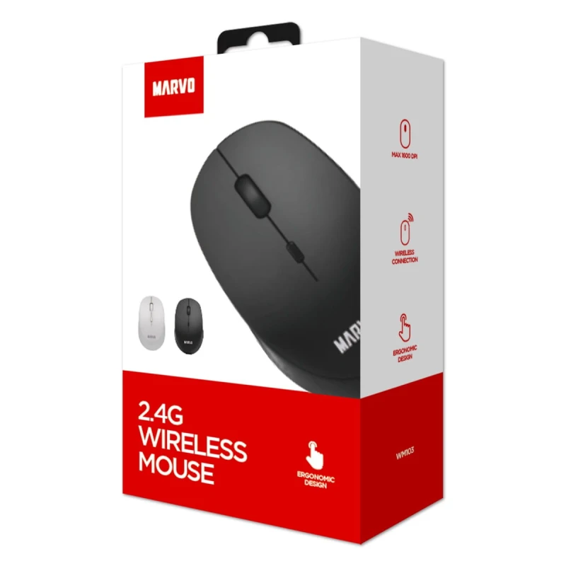 Marvo Mysz WM103WH, 1600DPI, 2.4 [GHz], optyczna, 4kl., bezprzewodowa, biała, 1 szt AA, biurowa, cicha