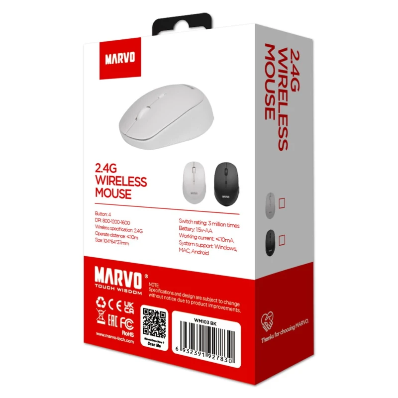 Marvo Mysz WM103WH, 1600DPI, 2.4 [GHz], optyczna, 4kl., bezprzewodowa, biała, 1 szt AA, biurowa, cicha