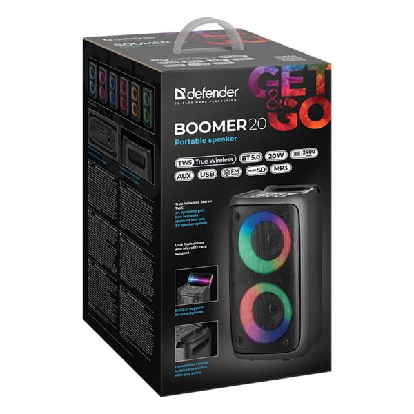 Defender głośnik BOOMER 20, Li-Ion, 2.0, 20W, czarny, regulacja głośności, podświetlenie LED, BT 5.0, TWS, 150Hz~18kHz