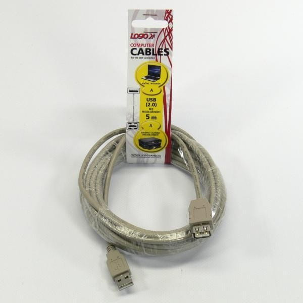 Kabel USB (2.0), USB A M- USB A F, 5m, szary, Logo
