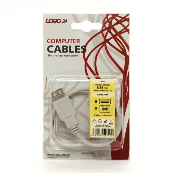 Kabel USB (2.0), USB A M- USB A F, 0.3m, czarny/biały, Logo, blistr