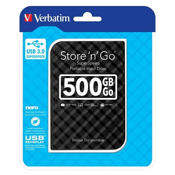 Verbatim zewnętrzny dysk twardy, Store N Go, 2.5", USB 3.0 (3.2 Gen 1), 500GB, 53193, czarny