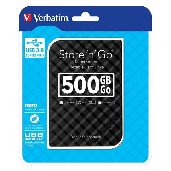Verbatim zewnętrzny dysk twardy, Store N Go, 2.5", USB 3.0 (3.2 Gen 1), 500GB, 53193, czarny