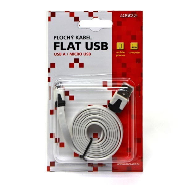 Kabel USB (2.0), USB A M- USB micro B M, 1m, płaski, biały, Logo, blistr
