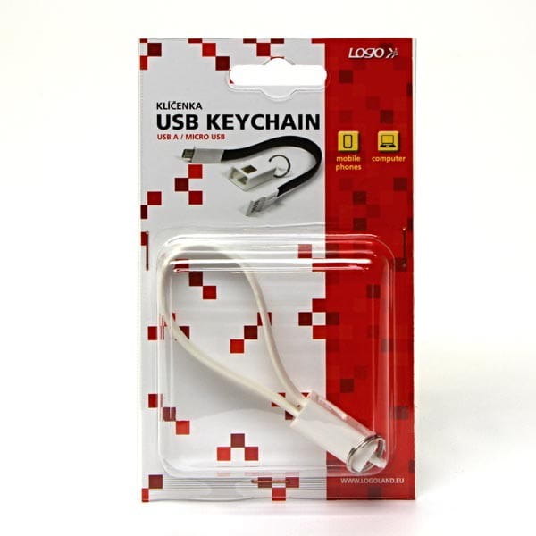 Kabel USB (2.0), USB A M- USB micro B M, 0.2m, biały, Logo, blistr, breloczek na klucze