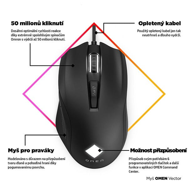 HP Mysz OMEN Vector Gaming, 16000DPI, optyczny, 6kl., przewodowa USB, czarna, 50 mln kliknięć, Microsoft Windows 10