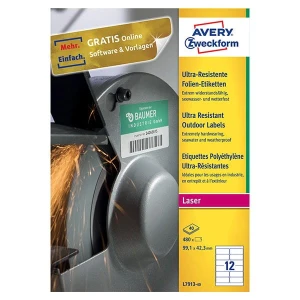Avery Zweckform etykiety 99.1mm x 42.3mm, A4, białe, 12 etykiety, bardzo trwałe, pakowane po 40 szt., L7913-40, do drukarek lasero