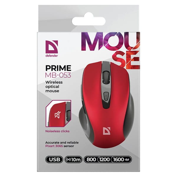 Defender Mysz PRIME MB-053, 1600DPI, 2.4 [GHz], optyczna, 6kl., bezprzewodowa, czerwona, 1 szt AA, nano odbiornik, cicha
