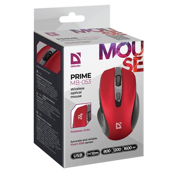 Defender Mysz PRIME MB-053, 1600DPI, 2.4 [GHz], optyczna, 6kl., bezprzewodowa, czerwona, 1 szt AA, nano odbiornik, cicha
