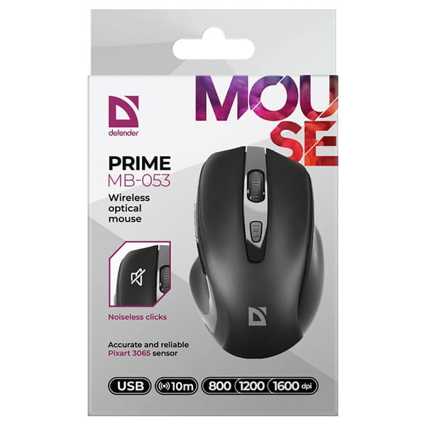 Defender Mysz PRIME MB-053, 1600DPI, 2.4 [GHz], optyczna, 6kl., bezprzewodowa, czarna, 1 szt AA, nano odbiornik, cicha