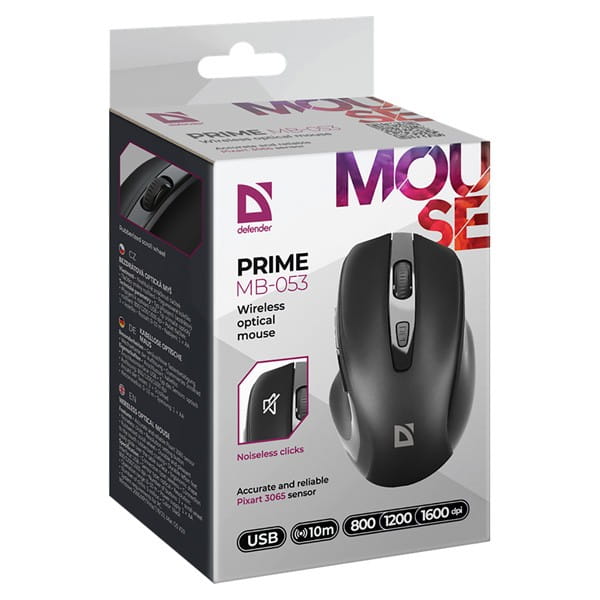 Defender Mysz PRIME MB-053, 1600DPI, 2.4 [GHz], optyczna, 6kl., bezprzewodowa, czarna, 1 szt AA, nano odbiornik, cicha