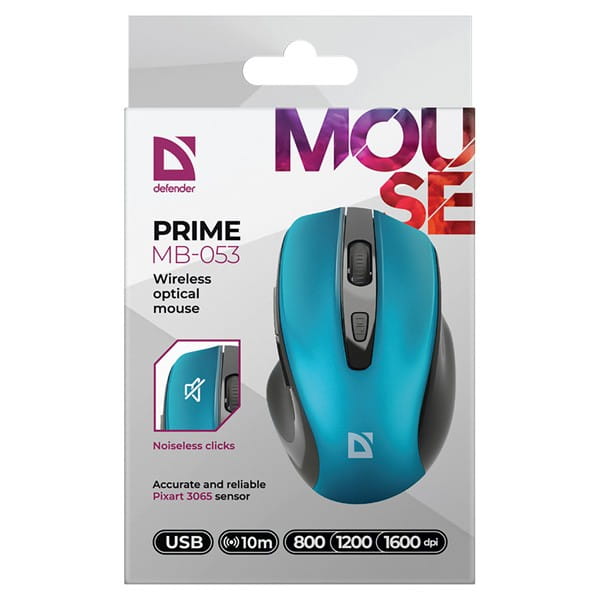 Defender Mysz PRIME MB-053, 1600DPI, 2.4 [GHz], optyczna, 6kl., bezprzewodowa, turkusowa, 1 szt AA, nano odbiornik, cicha