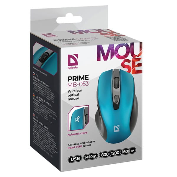 Defender Mysz PRIME MB-053, 1600DPI, 2.4 [GHz], optyczna, 6kl., bezprzewodowa, turkusowa, 1 szt AA, nano odbiornik, cicha