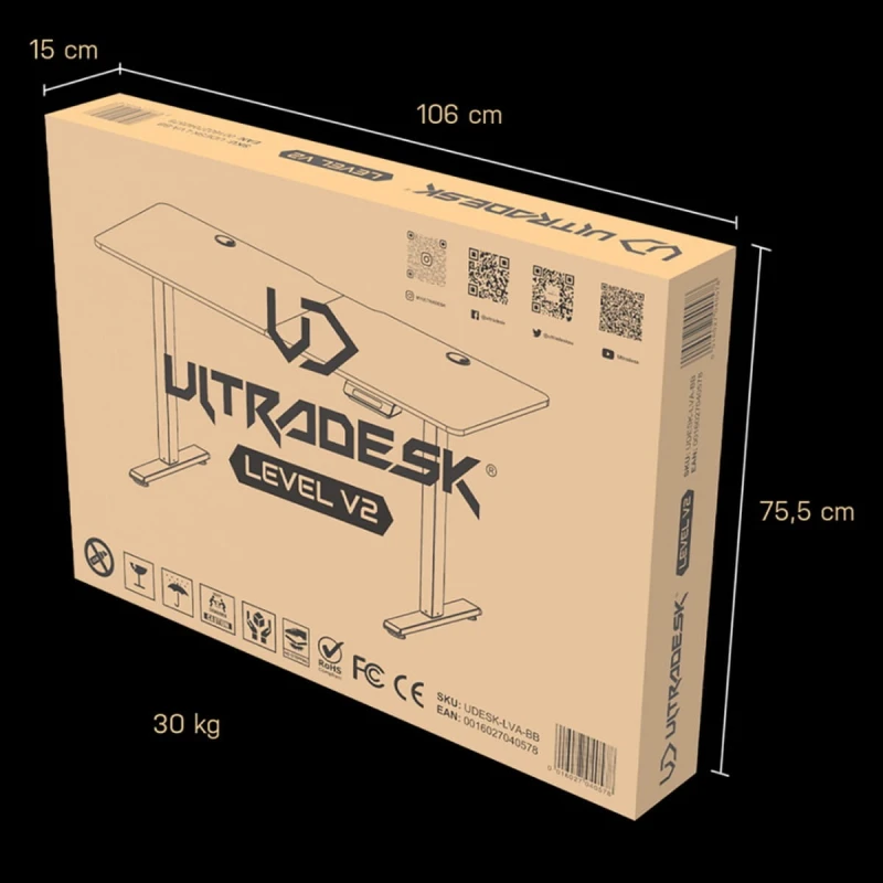 ULTRADESK Biurko dla gracza LEVEL V2, 140x68cm, 72-117cm, elektycznie regulowany, z podkładką pod mysz XXL, uchwyt na słuchawki i