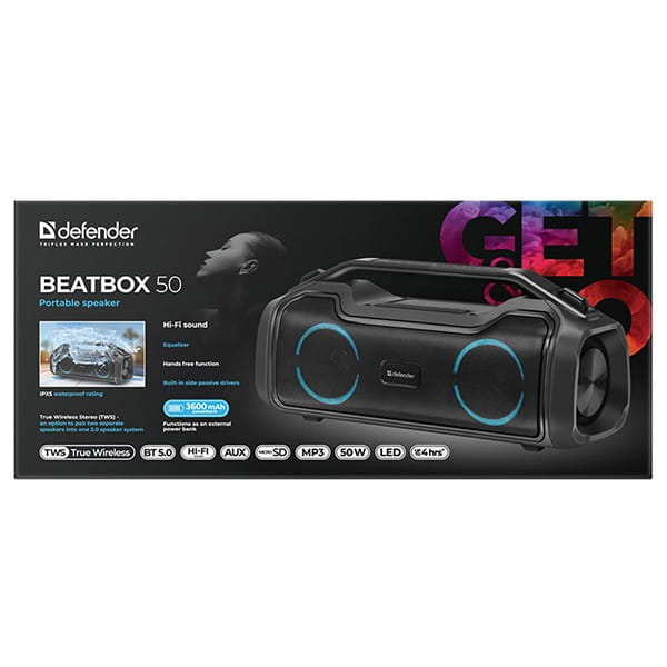Defender głośnik BEATBOX 50, Li-Ion, 2.0, 50W, czarny, regulacja głośności, podświetlenie LED, BT 5.0, TWS