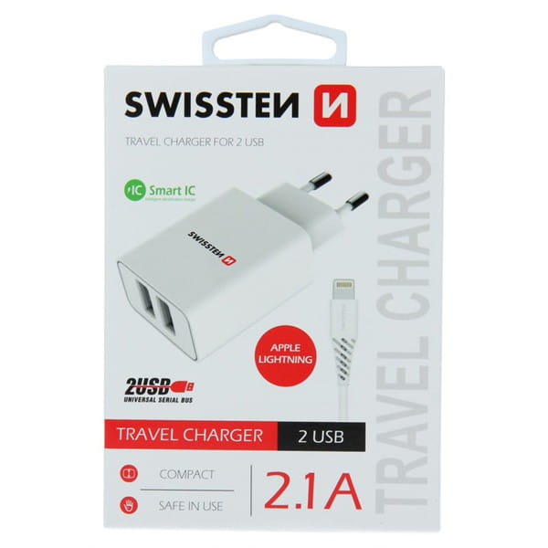 SWISSTEN Zasilacz / sieciowy adapter 10W, 2-portowy, USB-A, kabel Lightning Mfi, Smart IC