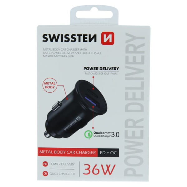 Ładowarka samochodowa SWISSTEN 36W, 2-portowy, USB-C, USB-A