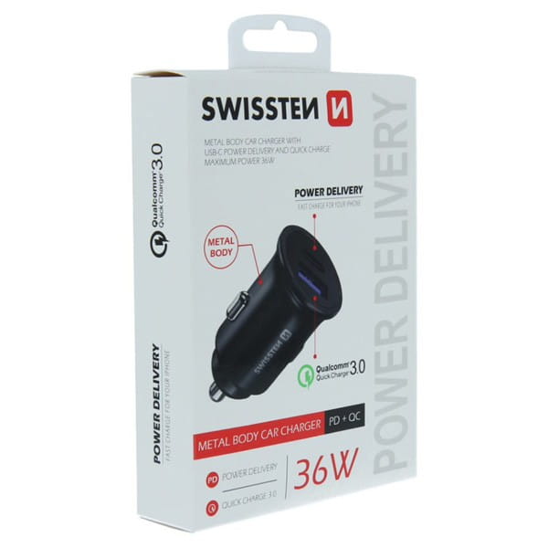 Ładowarka samochodowa SWISSTEN 36W, 2-portowy, USB-C, USB-A