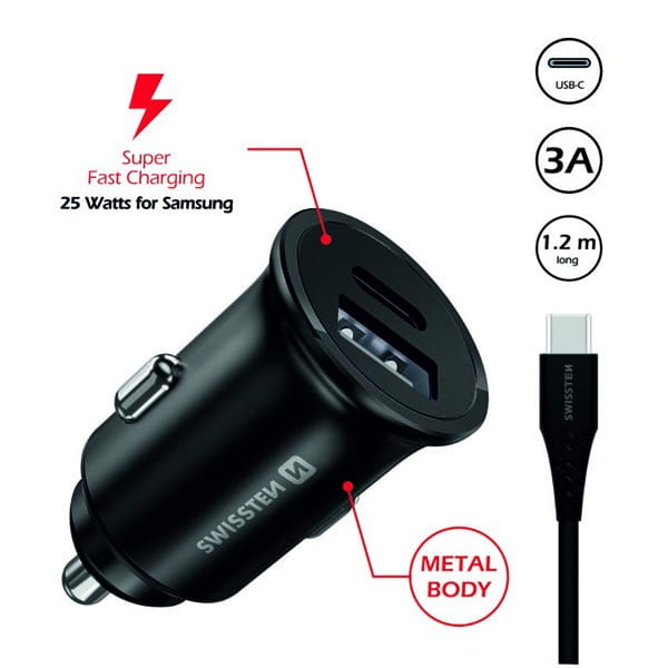 Ładowarka samochodowa SWISSTEN 35W, 2-portowy, USB-C, USB-A, kabel USB-C, Samsung Super fast charging