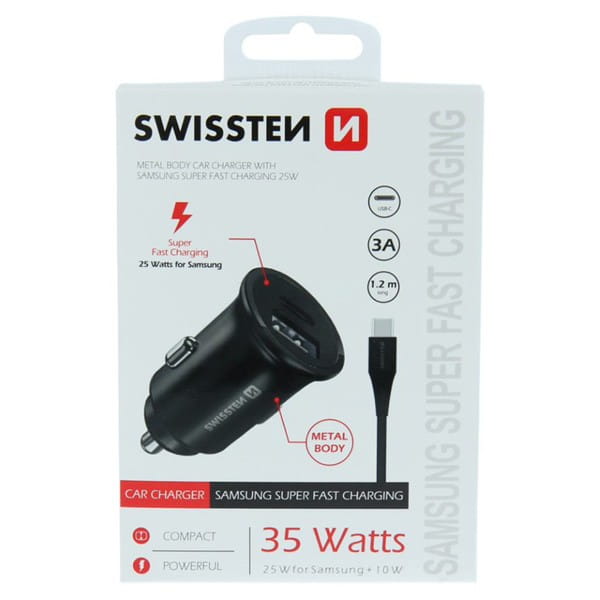 Ładowarka samochodowa SWISSTEN 35W, 2-portowy, USB-C, USB-A, kabel USB-C, Samsung Super fast charging
