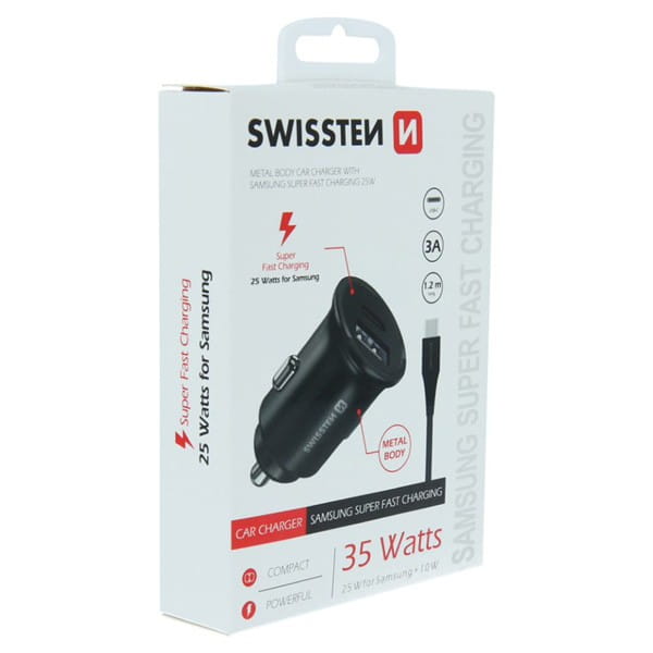 Ładowarka samochodowa SWISSTEN 35W, 2-portowy, USB-C, USB-A, kabel USB-C, Samsung Super fast charging