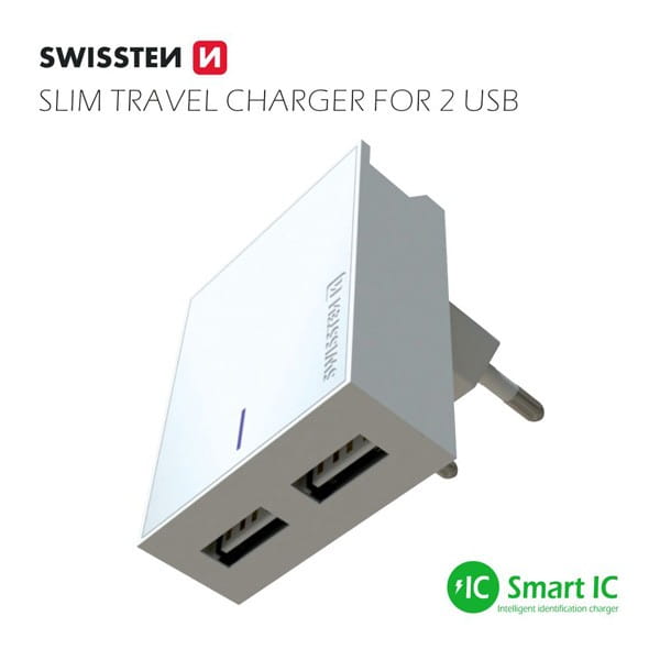 SWISSTEN Zasilacz / sieciowy adapter 15W, 2-portowy, USB-A, kabel Lightning Mfi, Smart IC, stojak na telefon