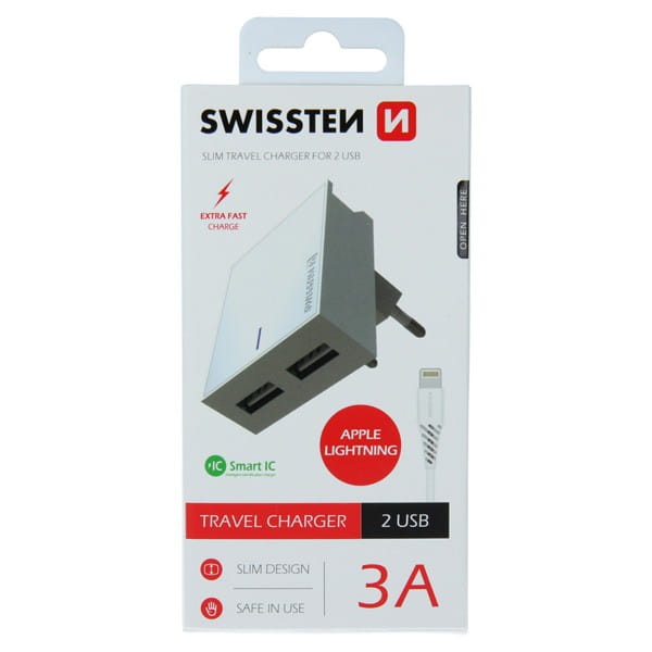 SWISSTEN Zasilacz / sieciowy adapter 15W, 2-portowy, USB-A, kabel Lightning Mfi, Smart IC, stojak na telefon