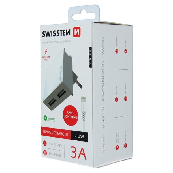 SWISSTEN Zasilacz / sieciowy adapter 15W, 2-portowy, USB-A, kabel Lightning Mfi, Smart IC, stojak na telefon