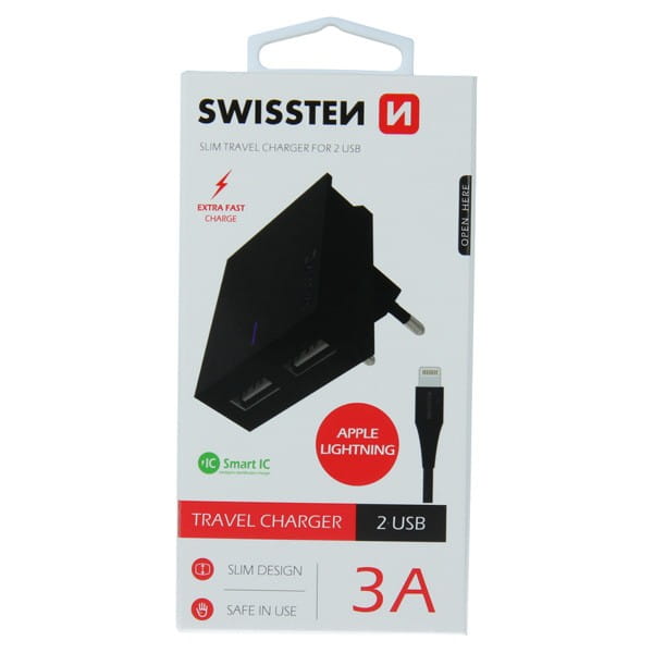 SWISSTEN Zasilacz / sieciowy adapter 15W, 2-portowy, USB-A, kabel Lightning Mfi, Smart IC, stojak na telefon