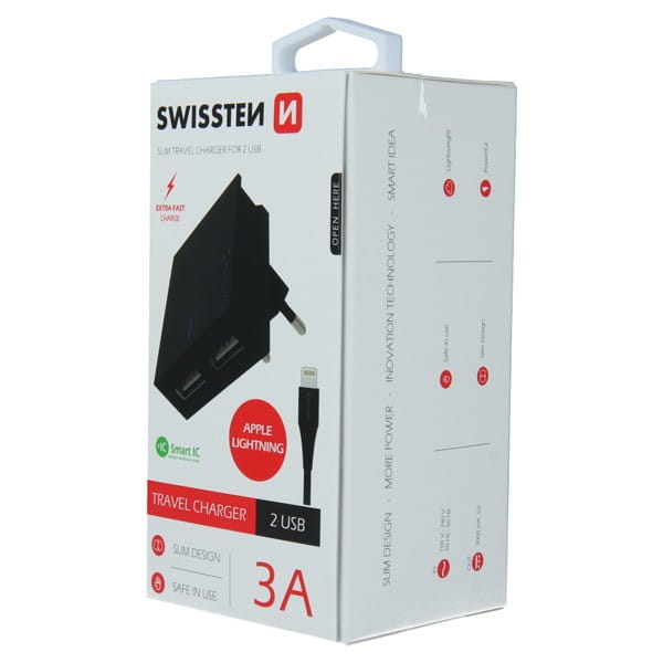 SWISSTEN Zasilacz / sieciowy adapter 15W, 2-portowy, USB-A, kabel Lightning Mfi, Smart IC, stojak na telefon